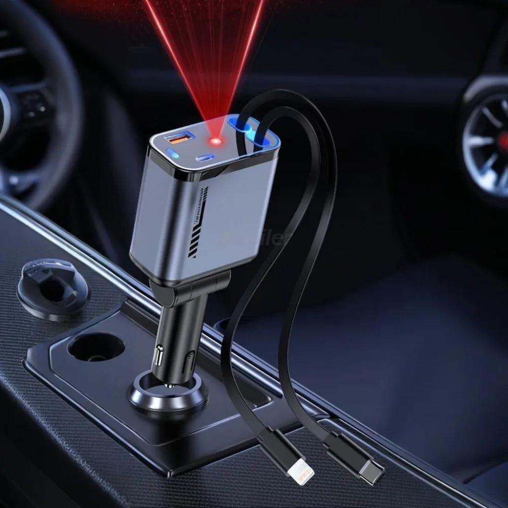 Retractable Car Charger with Starlight Type-C 120W Car Charger Adapter 4 in 1 Car Phone Charger with 2 USB Ports Star Top Light