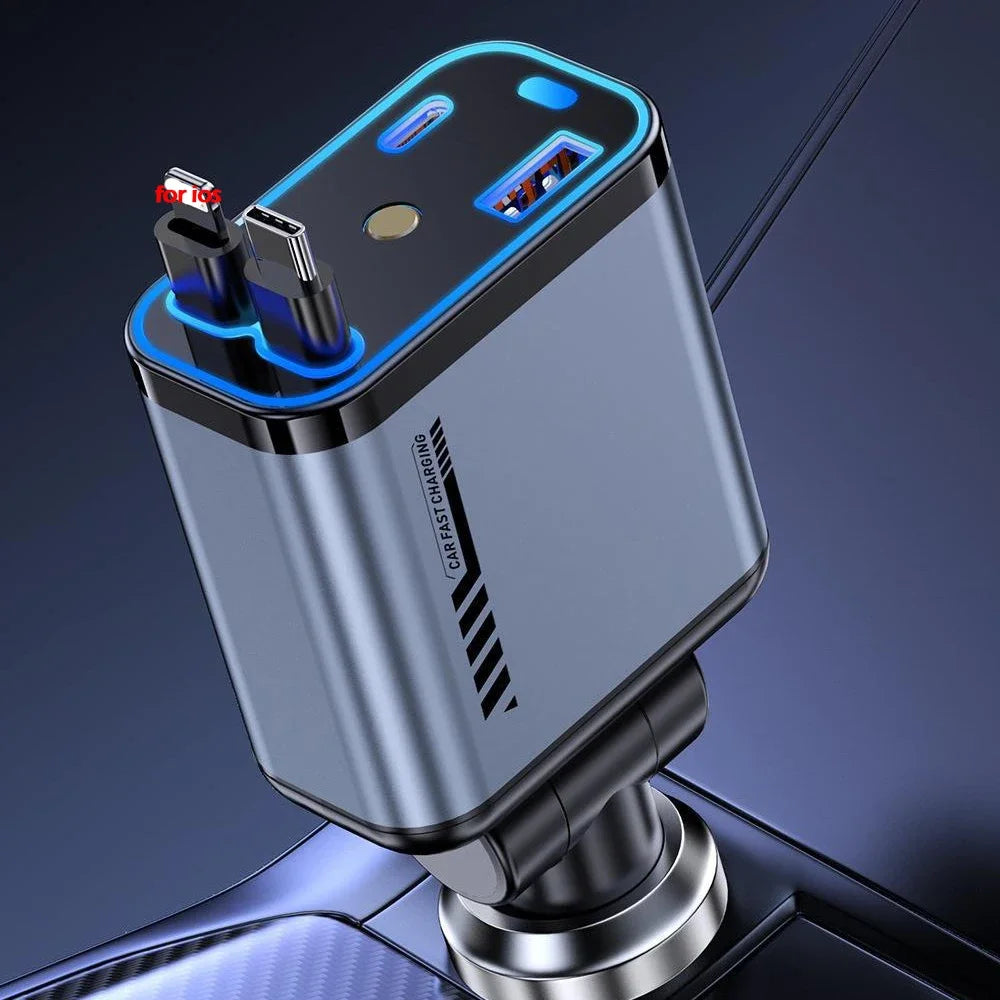 Retractable Car Charger with Starlight Type-C 120W Car Charger Adapter 4 in 1 Car Phone Charger with 2 USB Ports Star Top Light