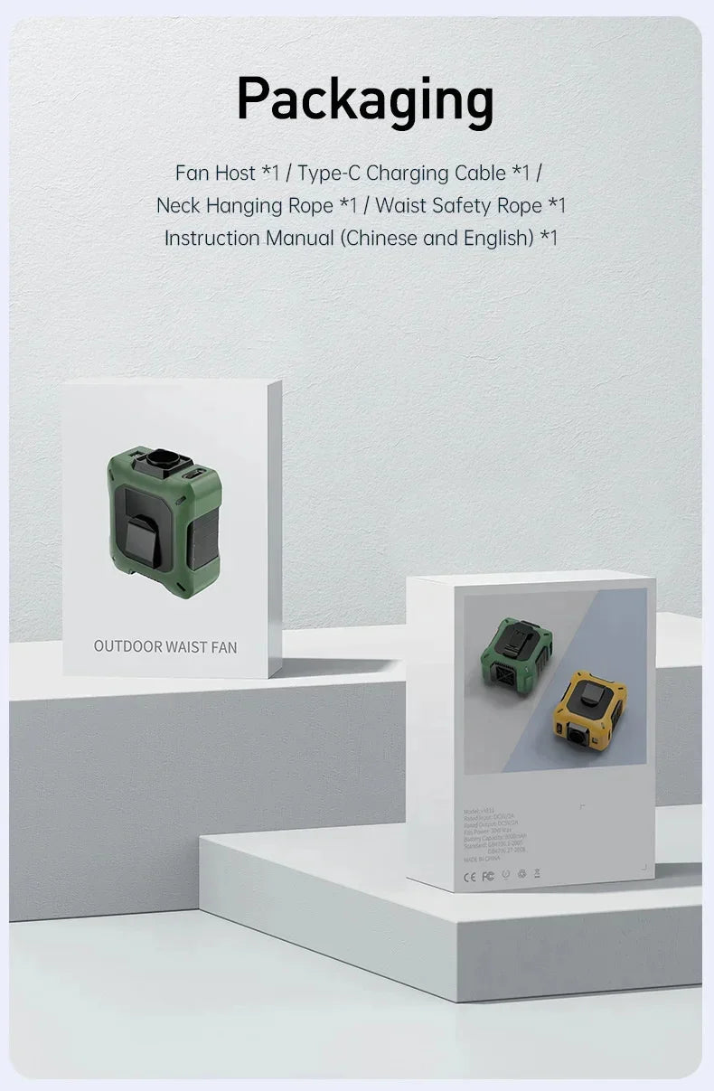 Outdoor High-speed Waist-hanging Fan Neck-hanging USB Large-capacity Roller With 100-speed Speed Regulation Violent Turbo Fan