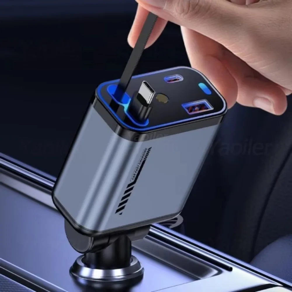 Retractable Car Charger with Starlight Type-C 120W Car Charger Adapter 4 in 1 Car Phone Charger with 2 USB Ports Star Top Light