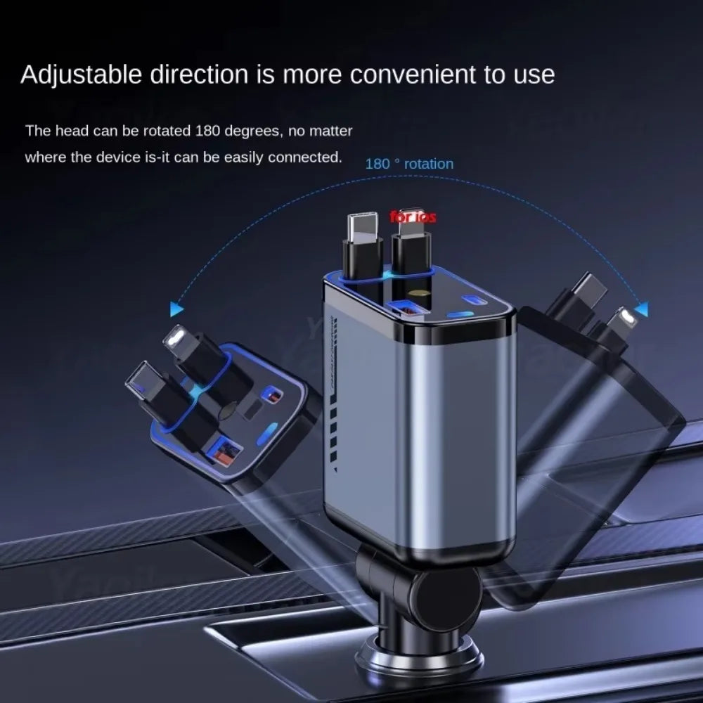 Retractable Car Charger with Starlight Type-C 120W Car Charger Adapter 4 in 1 Car Phone Charger with 2 USB Ports Star Top Light